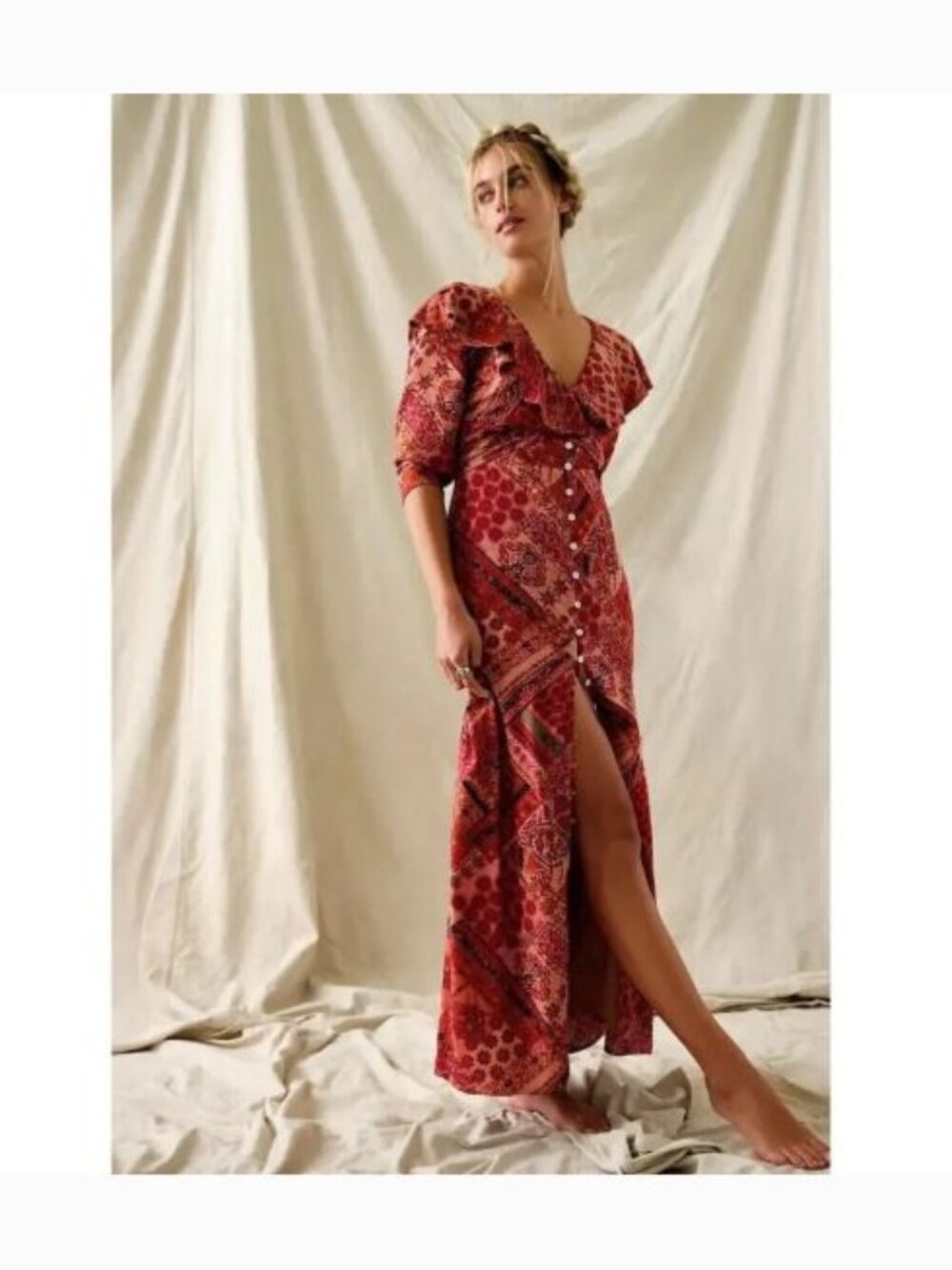 Free People Lennon Ruffle Maxi Dress XS Primrose Combo Boho Festival Patchwork